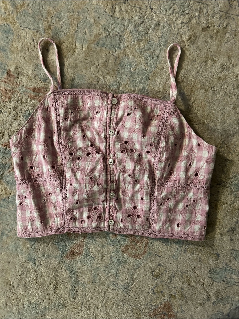 American Eagle Outfitters Pink Gingham Eyelet Button-Front Crop Cami